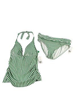 NEW Crown & Ivy Striped Halter Tankini Set Sz 12 Swimsuit Green & White Striped